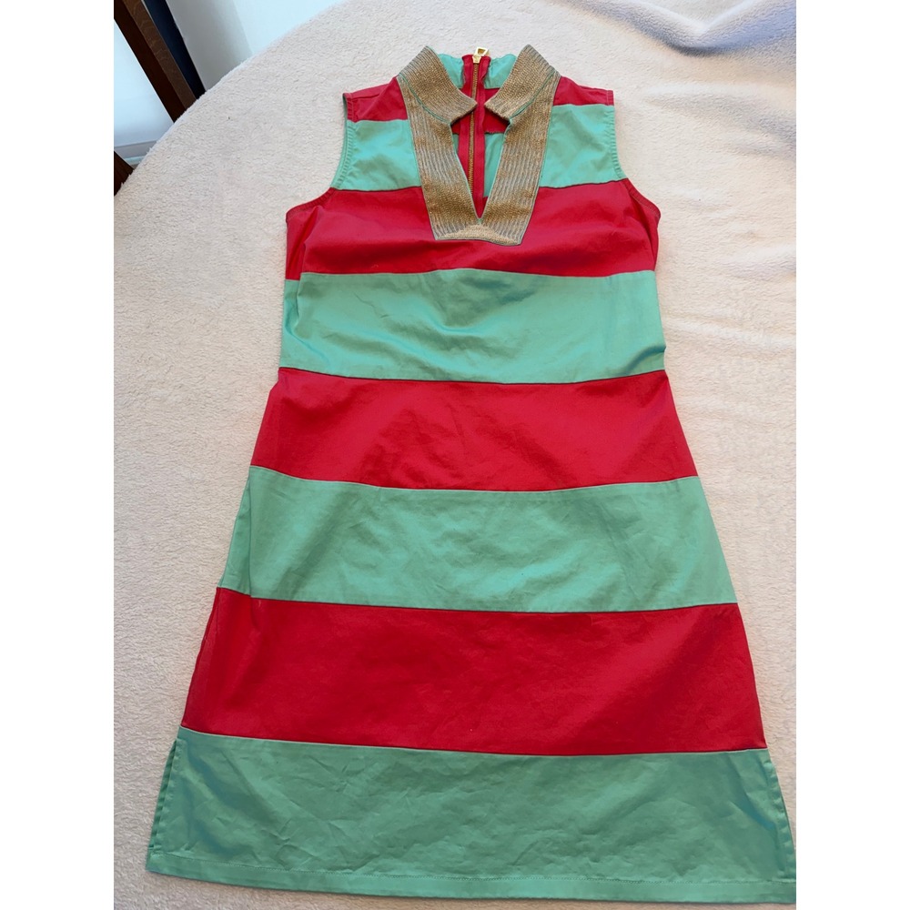 Sail to Sable Pink Aqua Striped Sleeveless Shift Dress Gold Trim XS